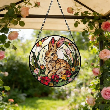 Stained Glass Window Hanging, Cute Bunny Flowers Sun Catcher for Window Door Home Decor, Rabbit Suncatcher Christmas Mother's Day Birthday Gifts for Women Men Mom and Nana 9.8 in