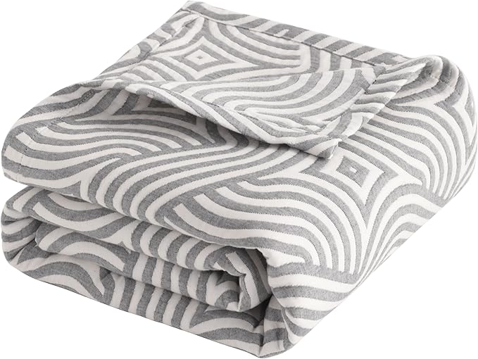 NTBAY 3 Layers Cotton Muslin 68x92 Twin Bed Blanket, Super Soft Breathable Thermal Yarn Dyed Quilt for Adults, Perfect Lightweight Blanket for Couch Sofa Bed All Seasons, Grey Geometric Ripples