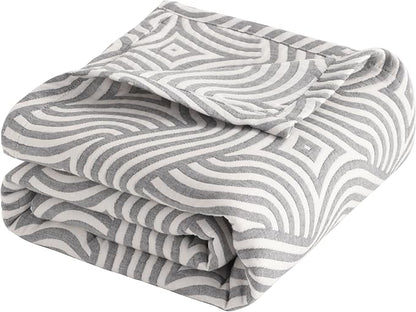 NTBAY 3 Layers Cotton Muslin 68x92 Twin Bed Blanket, Super Soft Breathable Thermal Yarn Dyed Quilt for Adults, Perfect Lightweight Blanket for Couch Sofa Bed All Seasons, Grey Geometric Ripples