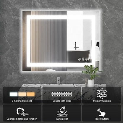 Sweetcrispy 24"x 32" Rectangle LED Bathroom Mirror,Front Light and Backlit, Adjustable Lights and Smart Memory Functionr - Enhanced Anti-Fog Feature, Pure White