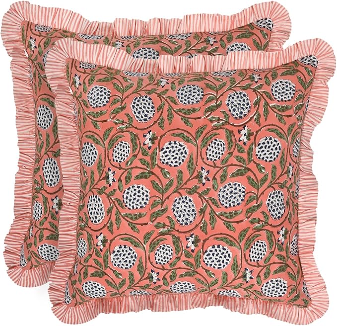 Ridhi Modern Farmhouse Pillow Covers Decorative Cotton Throw Pillow Covers Set of 2 Dark Salmon Pink Cushion Covers with Ruffle for Couch Sofa Bed Living Room Spring Home Decor 18x18