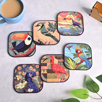 GKD Wooden Coasters for Drinks, MDF Coasters Set of 6 with Holder, Bird Design, 3.8 inches Eco-Friendly Absorbent Coaster for Coffee Table, Bar, Drinking Glasses, Tabletop Protection