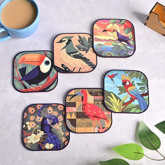 GKD Wooden Coasters for Drinks, MDF Coasters Set of 6 with Holder, Bird Design, 3.8 inches Eco-Friendly Absorbent Coaster for Coffee Table, Bar, Drinking Glasses, Tabletop Protection