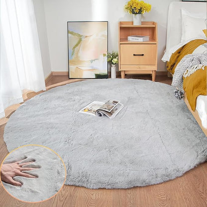 Washable Furry 5ft Round Area Rugs for Living Room Bedroom Light Grey Circle Faux Rabbit Shaggy Fur Rug Teen Room Décor