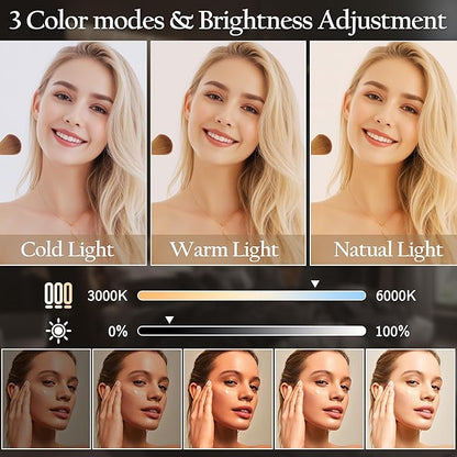 ROLOVE Vanity Mirror with Lights 15"x12", Lighted Makeup Mirror with 10X Magnification, 3 Color Lighting & Dimmable Brightness, Light Up Mirror for Desk, Bedroom, Bathroom