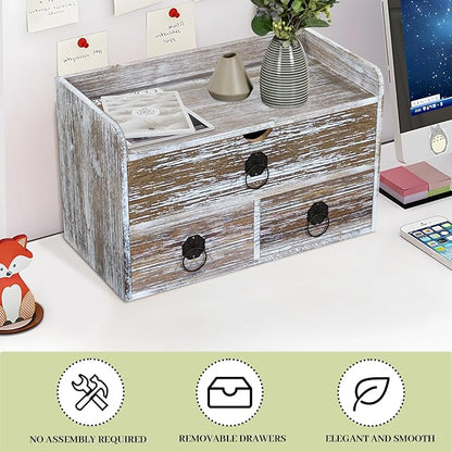 Wood Desk Organizer with Drawer, Washed Brown Wooden Desktop Organizer, Tabletop Storage Organization Box for Countertop, Home Office Supplies (3 Drawer and Shelf)
