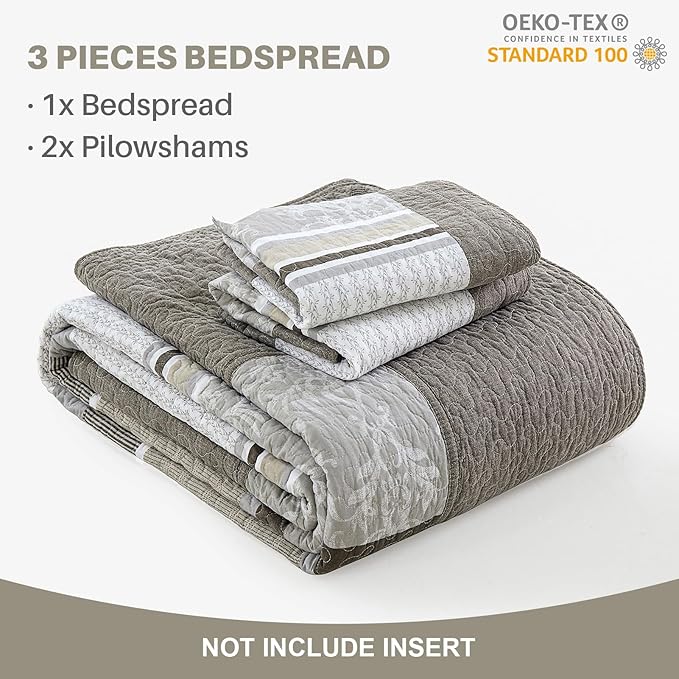 Oversized King Bedspread Quilt 128" x 120", 100% Cotton Lightweight Bed Spreads Coverlet Set Farmhouse Bedding Cover, 3 Piece, Brown/Gray/Beige