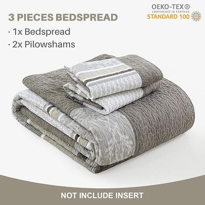 Oversized King Bedspread Quilt 128" x 120", 100% Cotton Lightweight Bed Spreads Coverlet Set Farmhouse Bedding Cover, 3 Piece, Brown/Gray/Beige