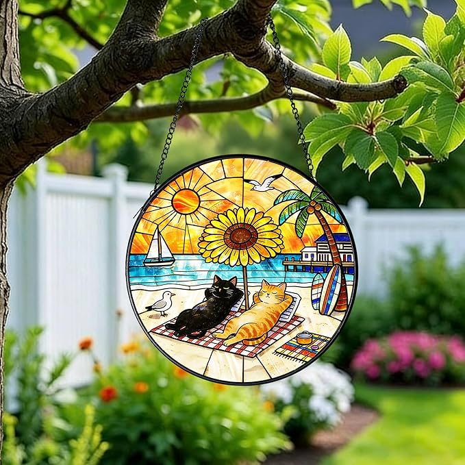 Cat Stained Glass Suncatcher Window, Cat Sun Catchers Indoor Window, Suncatcher for Mom/Women (Black & Orange)