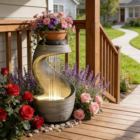 37.9”H Garden Outdoor Water Fountain, Modern Waterfall Fountain Water Feature with Lights for Patio, Backyard & Garden