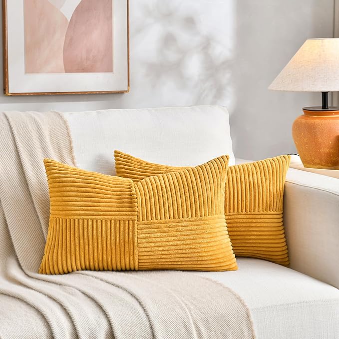 Fancy Homi 2 Packs Gold Yellow Lumbar Decorative Throw Pillow Covers 16x26 Inch for Living Room Couch Bed, Rustic Farmhouse Boho Home Decor, Soft Striped Corduroy Rectangle Accent Cushion Case