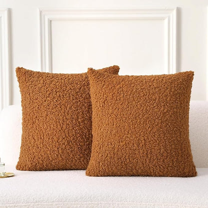 FUTEI Rust Throw Pillow Covers 18x18 Inch Set of 2,Furry Faux Fur Teddy Boucle Textured Cushion Covers,Soft Fluffy Decorative Pillow Case,Home Decor for Couch Bed Living Room Office Car