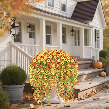 Artificial Fake Hanging Flowers Plants for Outdoor Fall Decoration, 4PCS UV Resistant Look Real Trailing Vines for Outside Home Planter Porch Patio Mums Autumn Decor(Orange&Yellow)