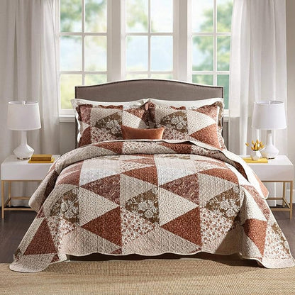 HoneiLife Quilt Set King Size - 3 Piece Microfiber Quilts Reversible Bedspreads Patchwork Coverlets Floral Bedding Set All Season Quilts with Triangle and Floral Print Pattern