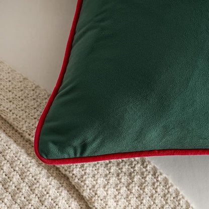 LIGICKY Set of 2 Christmas Dark Green Velvet Throw Pillow Covers Modern Minimalist Style Solid Decorative Red Rope Edging Soft Square Cushion Cases for Sofa Bedroom Party Décor, 18 x 18 inch
