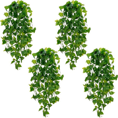 BLEUM CADE Fake Hanging Plants, 4pcs Artificial Hanging Plant, Faux Pothos Vines Greenery for Wall Home Living Room Office Indoor Outdoor Decor (No Baskets)