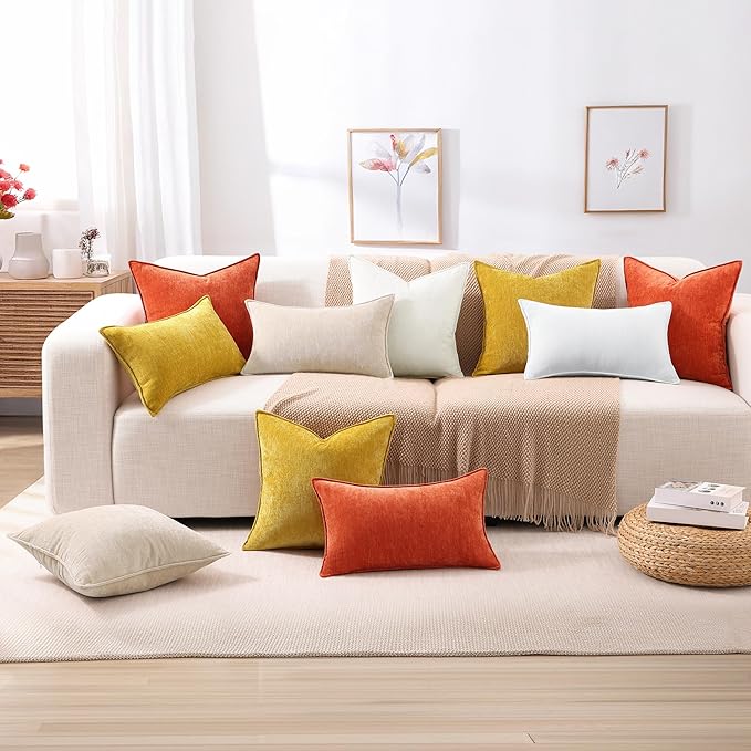 decorUhome Spring Couch Euro Sham Throw Pillow Covers 22x22 Set of 2, Decorative Soft Velvet Neutral Chenille Pillow Covers with Elegant Design for Sofa Bed Living Room Home Decor, Mineral Yellow