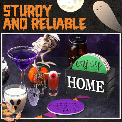 Queekay Coasters Set of 6 House Warming Gifts New Home Wooden Farmhouse Drink Coasters with Holder 4'' Funny Decoration for Kitchen Family Coffee Bar Tabletop Protection(Bright Color)