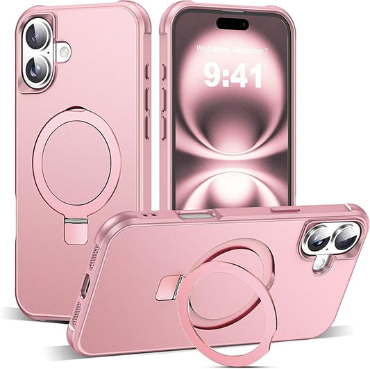 Compatible with iPhone 16 Case with Invisible Magnetic O-Ring Stand Military-Grade Case for iPhone 16 6.1" [Compatible with Mag-Safe][Great Grip Feeling], Rose Gold