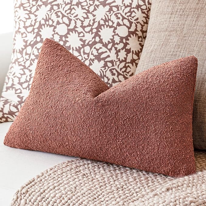 Foindtower Decorative Textured Boucle Throw Pillow Covers Accent Solid Lumbar Pillow Cases Neutral Soft Couch Cushion Case for Chair Sofa Bedroom Living Room Home Decor 12x20 Inch,1PC,Orange Rust Red