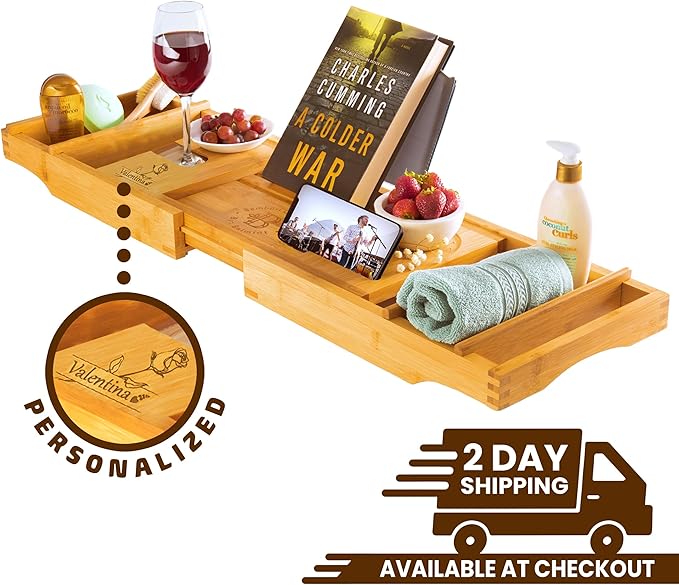 Personalized Bathtub Tray - Engraved Foldable Bamboo Bath Caddy, Tub Tray with Expandable Sides, Luxury Wooden Bath Table for Relaxation Spa - Customized Gift for Mom, Wife, New Home