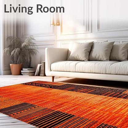 Flatwoven High Traffic Area Rug 4x6, Burnt Orange Copper Fiery Abstract Shape Floor, Non Slip, Stain Resistant, Washable Area Rugs for Living Room, Bedroom (Orange, 4x6)