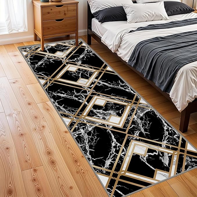 Diamond Geometric Print Area Rug for Bedroom, 3.3x7ft, Modern Black White Marble Home Decor Carpet, Durable Soft Cozy Non Slip Rug, Breathable Non Shedding Mats for Front Porch