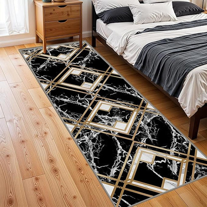 Diamond Geometric Print Area Rug for Bedroom, 2.6x10ft, Modern Black White Marble Home Decor Carpet, Durable Soft Cozy Non Slip Rug, Breathable Non Shedding Mats for Front Porch
