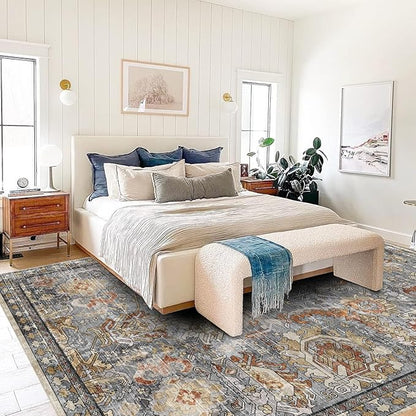 RUGSURE Washable Area Rugs - Perfect for Living Room, Bedroom, Kids Room, Nursery - Stain & Water Resistant Non-Slip, Pet & Child Friendly, Vintage Tribal Area Rugs (Turmeric and Grey, 4' x 6')