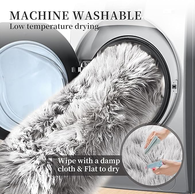 Silver Grey Faux Sheepskin Washable Shaggy Fur Area Rugs for Living Room Bedroom 2x6 Fluffy Nursery Rug Runner Teen Room Décor