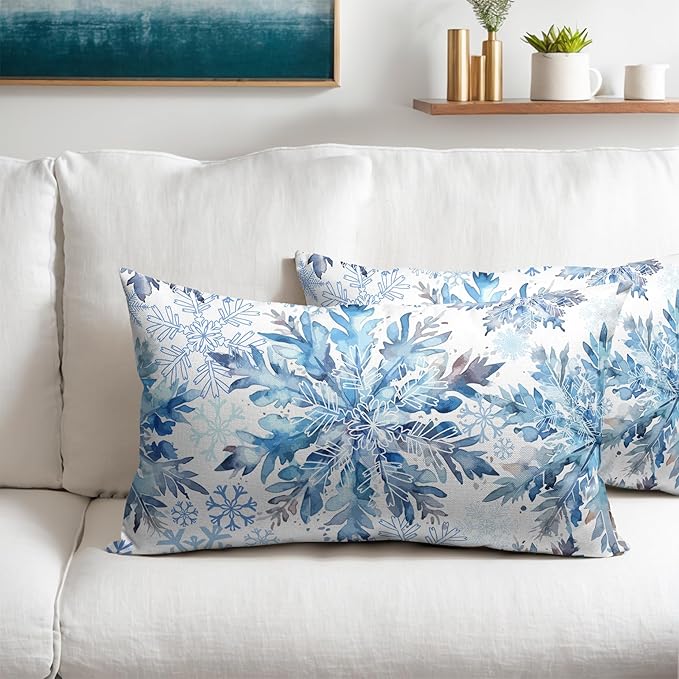 Christmas Pillow Covers 12x20 Set of 2 Decorations Blue White Snowflakes Throw Pillow Covers Decorative Vintage Winter Pillow Case Farmhouse Rustic Pillowcases Cozy Soft for Sofa Bed Chair Home Decor