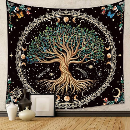 Moon Phase Tree of Life Tapestry Nature Flower Plant Butterfly Tapestries Boho Mandala Spiritual Tapestry Aesthetic Wall Hanging for Home Decor Bedroom Living Room Dorm Decor (70.87" x 90.55", Blue)