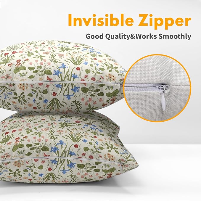 Vitage Floral Pillow Covers 20x20 Set of 2 Spring Green Red Cream Pattern Rustic Decorative Outdoor Farmhouse Zipper Flower Linen Pillowcases Decorations Throw Cushion Cover Decor for Couch Sofa Bed