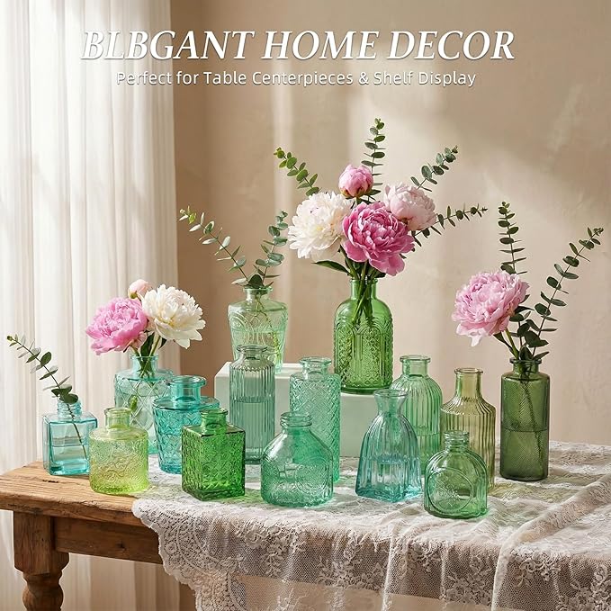Set of 30 Green Colored Glass Bud Vases - Small Textured Flower Vases for Centerpieces, Wedding Table Decor, Retro Home Decor Bulk Vase Set for DIY, Events & Gifts