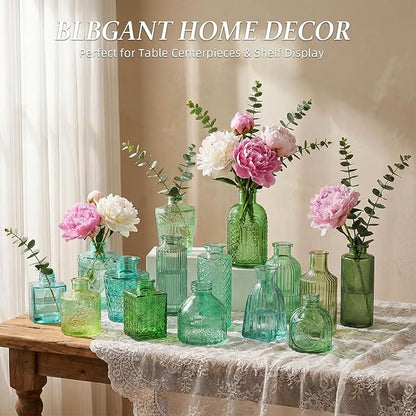 Set of 30 Green Colored Glass Bud Vases - Small Textured Flower Vases for Centerpieces, Wedding Table Decor, Retro Home Decor Bulk Vase Set for DIY, Events & Gifts