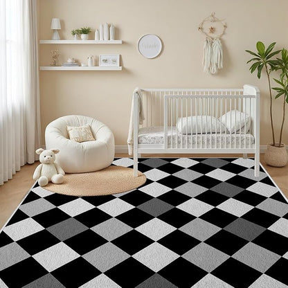 Black and White Rug 5x8, Rhombus Geometric Soft Ultra Soft Faux Wool Low Pile Rug, Indoor Floor Mats Carpet, Non-Slip Stain Resistant Washable Rugs, Modern Abstract Checkered Rugs for Living Room
