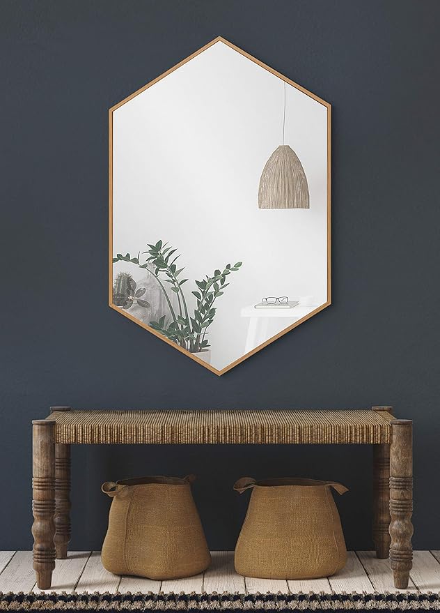 Kate and Laurel Rhodes Modern Hexagon Wall Mirror, 22 x 31, Natural Teak, Chic Geometric Mirror for Wall