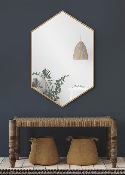 Kate and Laurel Rhodes Modern Hexagon Wall Mirror, 22 x 31, Natural Teak, Chic Geometric Mirror for Wall