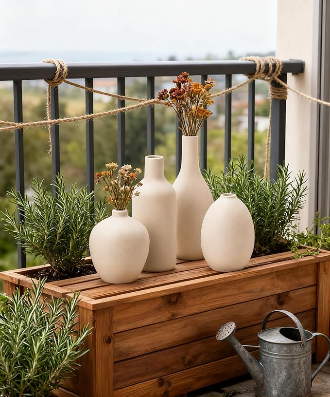 Beige Ceramic Vase Set of 4,Modern Farmhouse Decorative Vases for Entryway Mantel Centerpiece Bookshelf Console Table