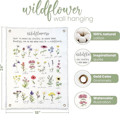 Botanical Inspirational Wall Art Flower Poster - 18” x 24” Cotton Canvas Wildflower Fabric Wall Hangings | Rustic & Farmhouse Style Watercolor Floral Art for School | Bedroom Decor for Women