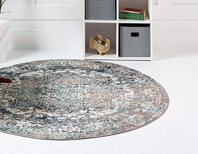 Rugs.com Arlington Collection Rug – 8 Ft Round Grey Medium-Pile Rug Perfect for Kitchens, Dining Rooms