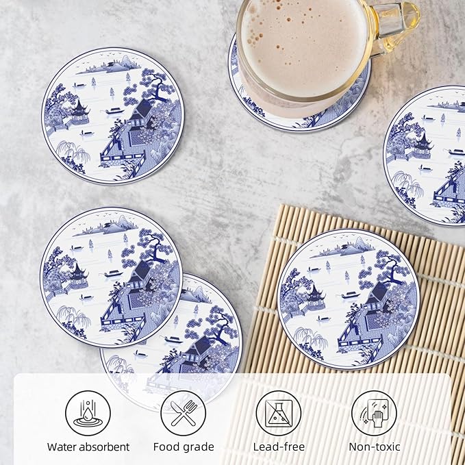 6 Pcs Ceramic Coasters with Holder Absorbent Drink Round China Blue and White Porcelain Royal Collection Design for Home Table Coffee Cup Wine Beer Bar,Size 4 inches