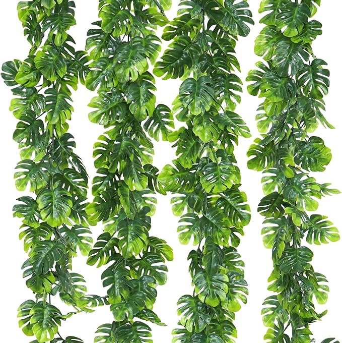 Dolicer 4Pcs Artificial Monstera Leaf Vines, 5.6Ft Fake Hanging Greenery Plants Tropical Palm Leaves Ivy Vine Monstera Garland for Home Garden Porch Patio Hawaiian Party Indoor Outdoor Décor