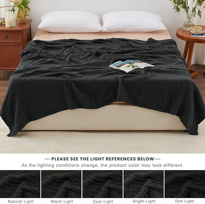 Love's cabin 6 Layer 100% Cotton Muslin Blanket, 108"x90" Muslin King Size Blanket for Bed Couch, Lightweight and Breathable Cotton Gauze for Adult, Black