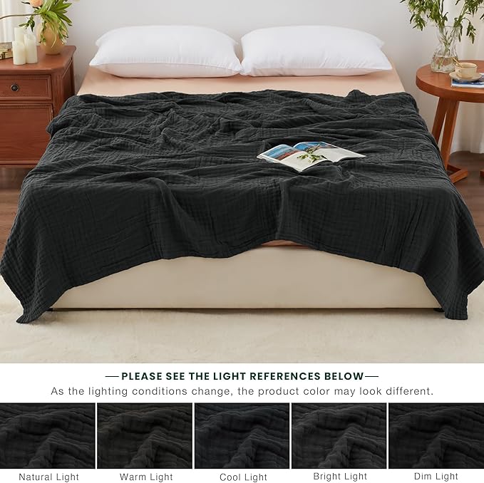 Love's cabin 6 Layer 100% Cotton Muslin Blanket, 90"x90" Muslin Blanket Queen for Couch Bed, Lightweight and Breathable Cotton Gauze for Adult, Black