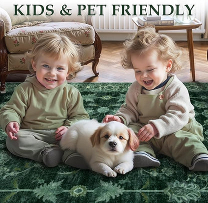 Tangsoo Green 2x6 Runner Rug Non Slip Washable for Kitchen Bathroom, Vintage Floral Boho Rug Runner for Hallway Entryway, Low Pile Carpet Door Mat Indoor Entrance for Bedroom Laundry Pet&Kids Friendly