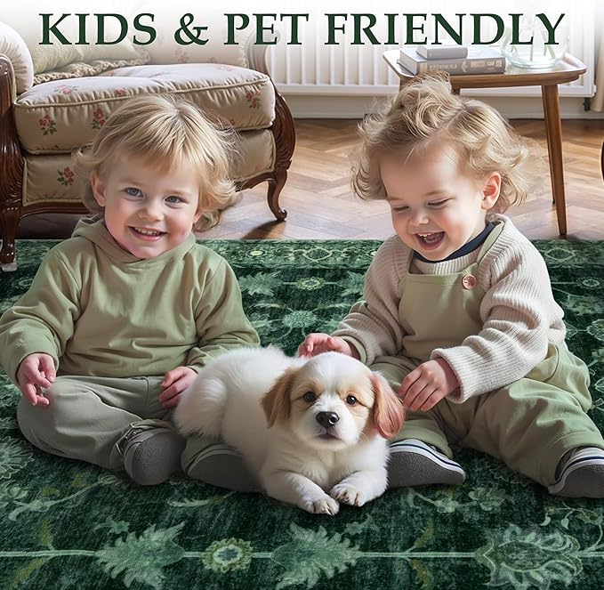 Tangsoo 2x4 Washable Entry Rug, Small Green Area Throw Rugs for Entryway Non Slip, Distressed Vintage Floral Thin Rug for Kitchen Bedroom, Low Pile Floor Carpet Front Door Mat for Entrance Foyer Decor