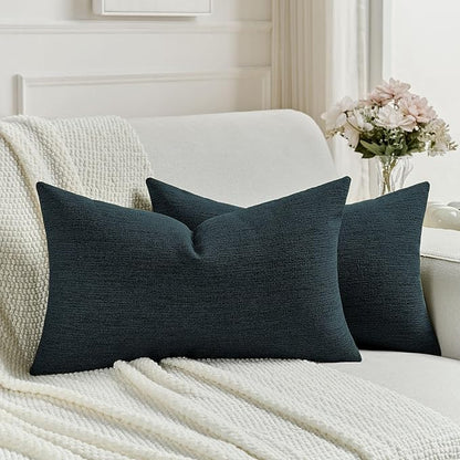 FUTEI Navy Blue Chenille Decorative Throw Pillow Covers 12x20 Inch Set of 2,Soft Cozy Faux Linen Textured Lumbar Pillow Cases,Farmhouse Home Decor for Couch Living Room