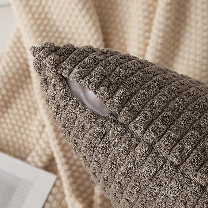 Kevin Textile 12x24 Inch Pillow Cover 1 Pack Boho Decorative Soft Striped Corduroy Lumbar Farmhouse Color Accent Rectangle Cushion Case for Living Room Couch Sofa Bed, Light Brown