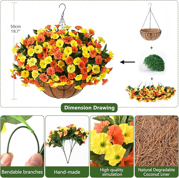Artificial Fake Hanging Flowers Plants Baskets for Outdoor Spring Decoration, Faux Silk UV Resistant Look Real Morning Glory Arrangement for Porch Patio Garden Deck Home Summary Decor(Orange Yellow)